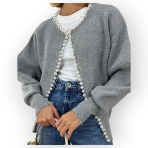 Commense Pearl Trim Cardigan Gray Knit Sweater NWT Size L - Modern Classic